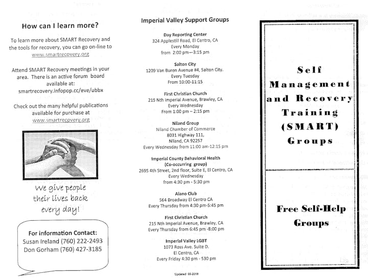 The image lists SMART Recovery support group meetings in Imperial Valley, including locations, times, and contact information.