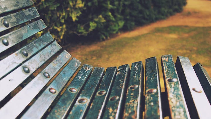 Close-up of a weathered metal park bench with a blurred background of grass and bushes.