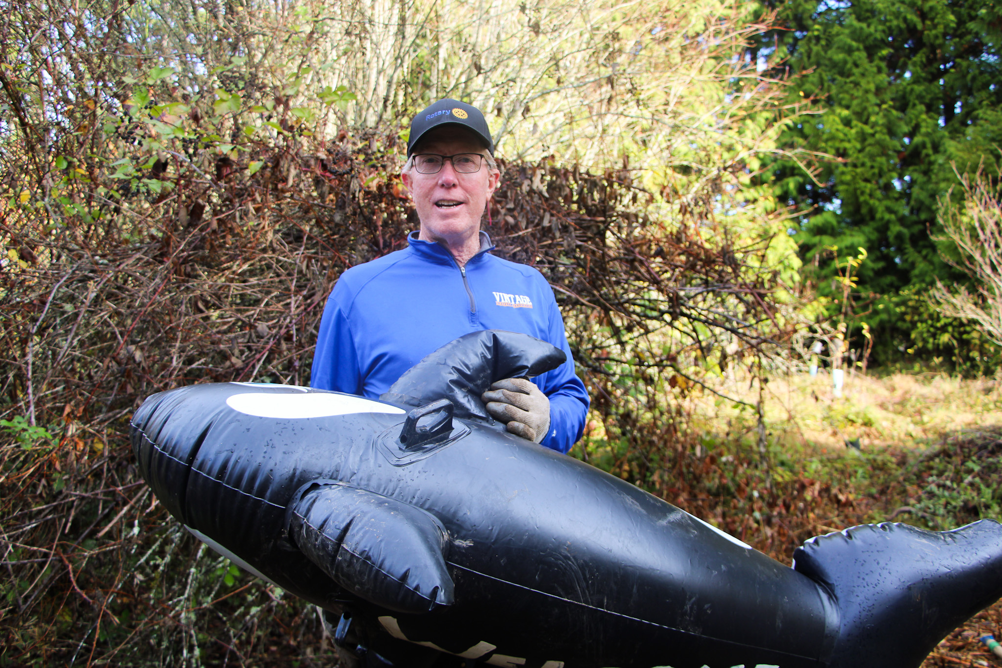 A person holding an inflatable orca in a wooded area, wearing a blue jacket and black cap.