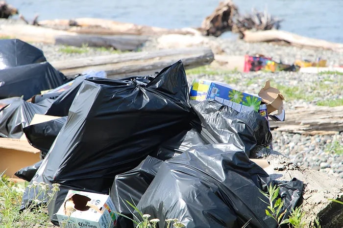 Piles of black garbage bags and litter on a rocky beach with logs and grass nearby.