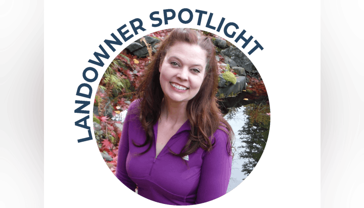 A person smiling in a garden setting with text "LANDOWNER SPOTLIGHT" above.