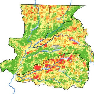 A colorful map highlighting various geographical and demographic attributes, such as density, land use, or environmental data.