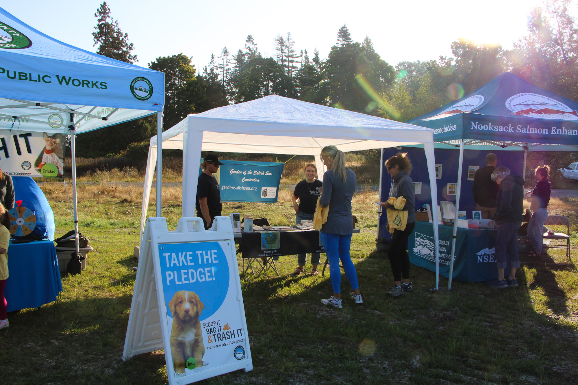 Outdoor event with tents for "Public Works" and "Nooksack Salmon Enhancement Association"; people interacting and a pledge sign.