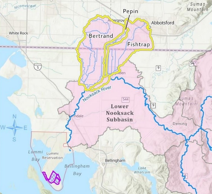 Map highlighting Bertrand, Fishtrap, Pepin areas, and Nooksack River in Lower Nooksack Subbasin near Bellingham, WA.