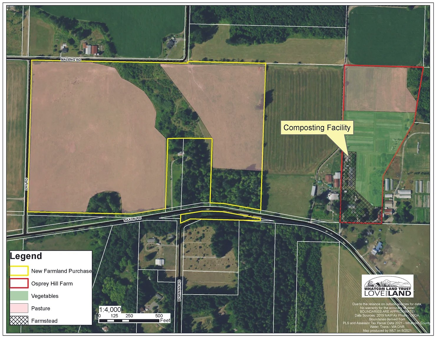 Map showing farmland with new purchases, a composting facility, Osprey Hill Farm, pasture, vegetables, and farmstead.