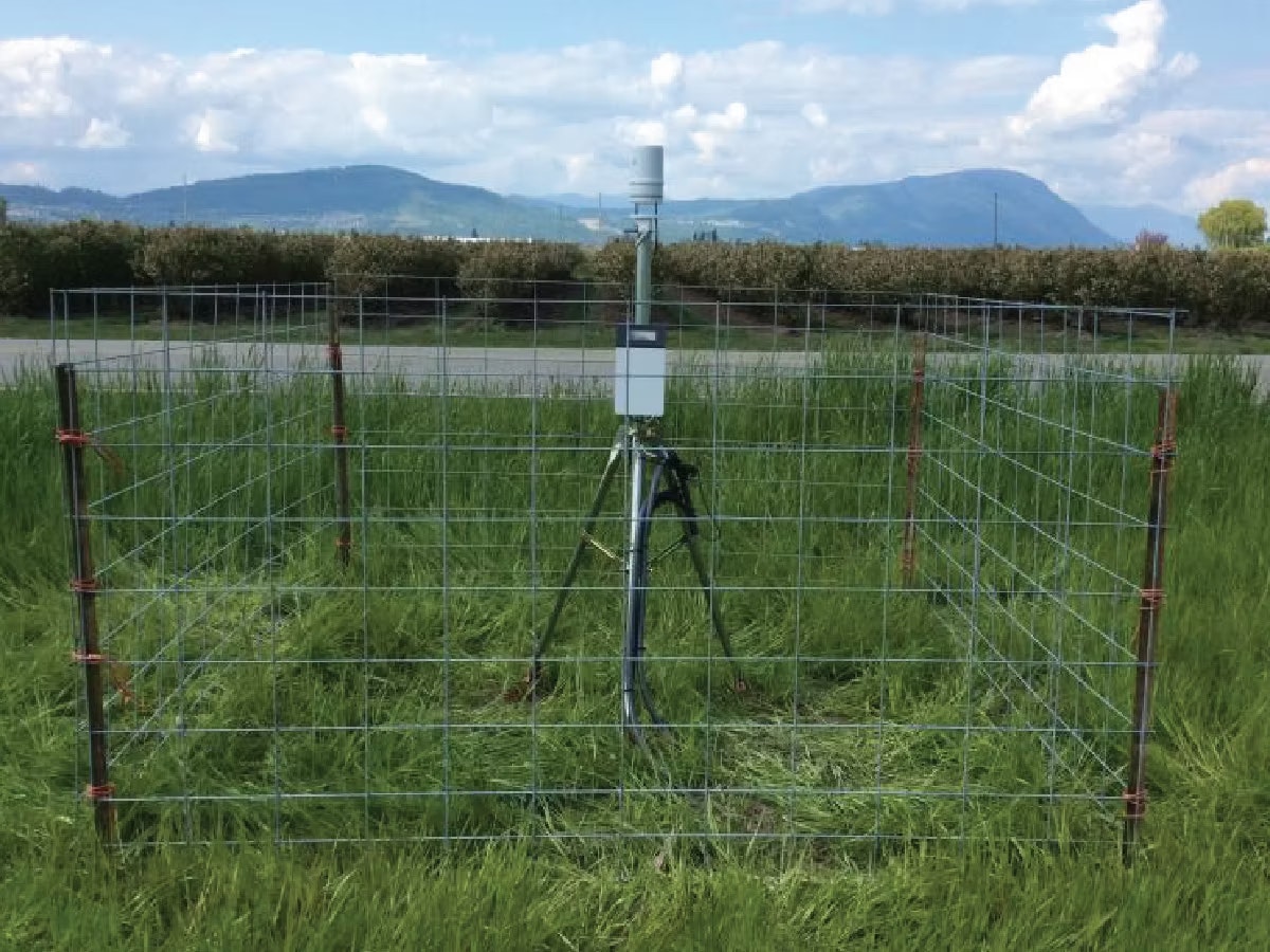 A metal wire enclosure on grass, containing a tripod-mounted device, with mountains in the background.