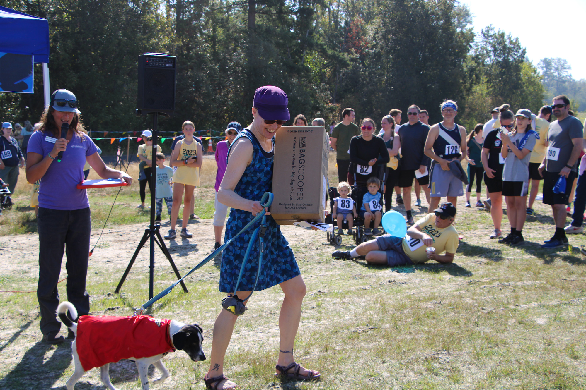 A person leads a dog in a red coat while holding a box. They're part of an outdoor event with a group of people watching.