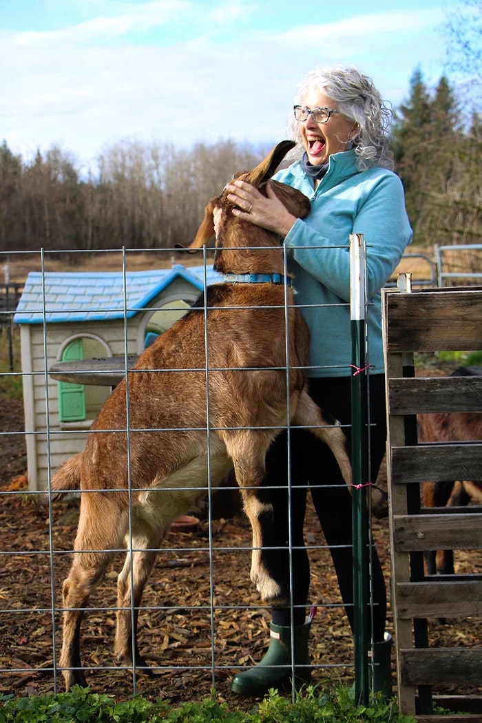 A woman joyfully interacts with a goat by a fence outside.