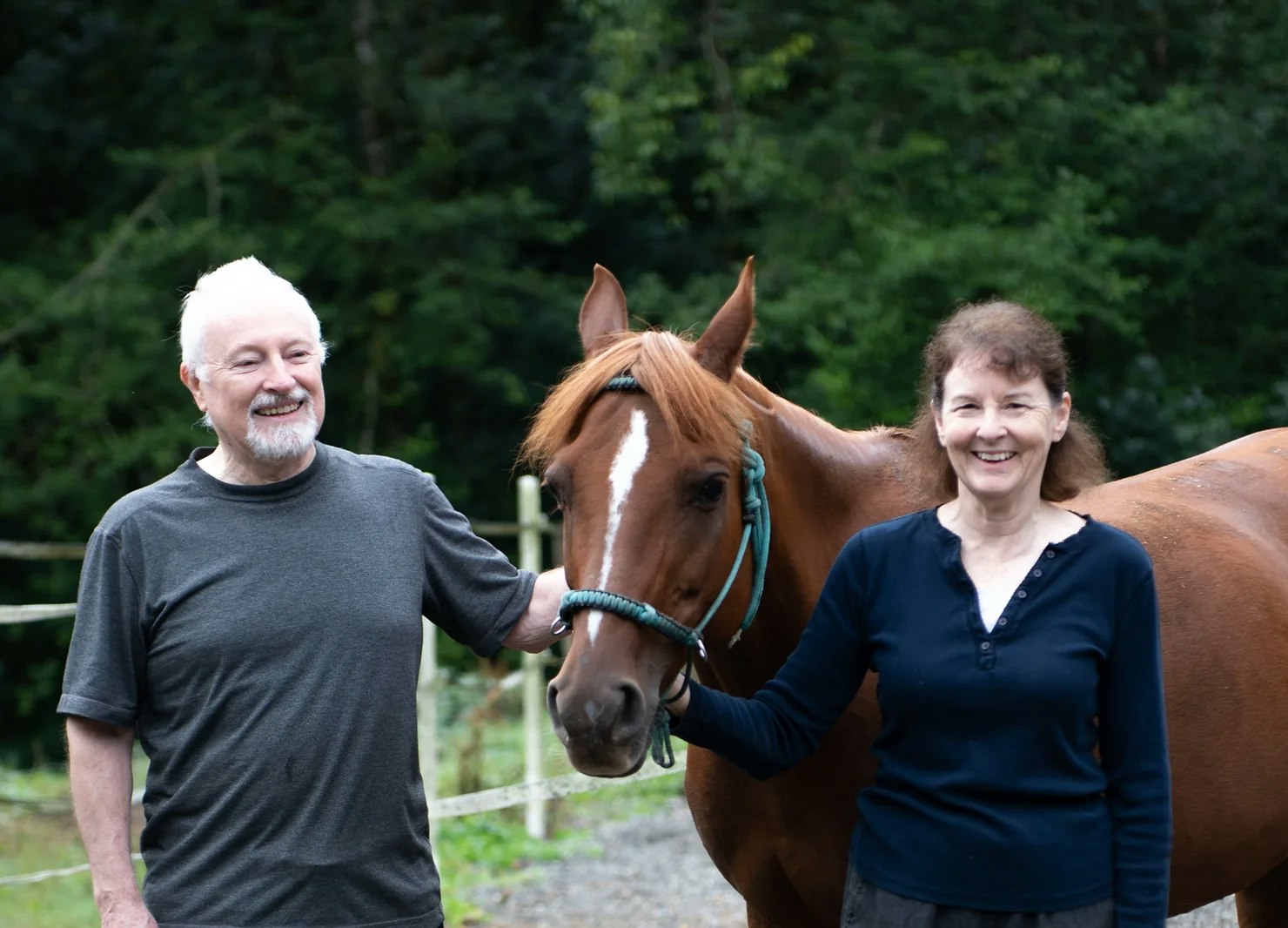 Two smiling people standing with a brown horse in an outdoor setting.