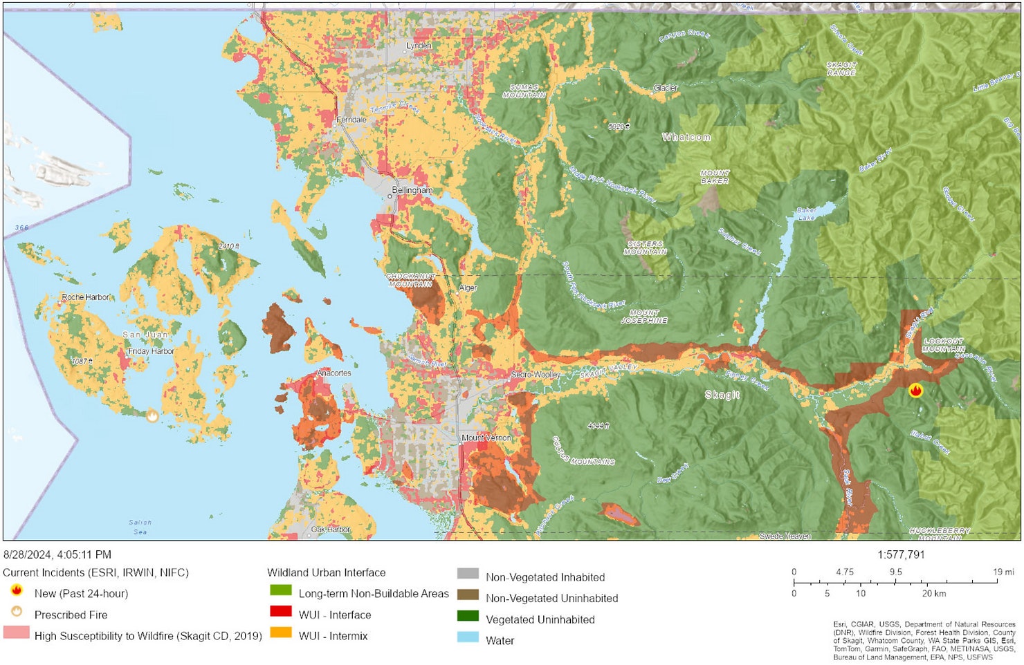 Map shows wildfire susceptibility and incidents in Washington, USA, with color-coded zones indicating urban interface and vegetated areas.