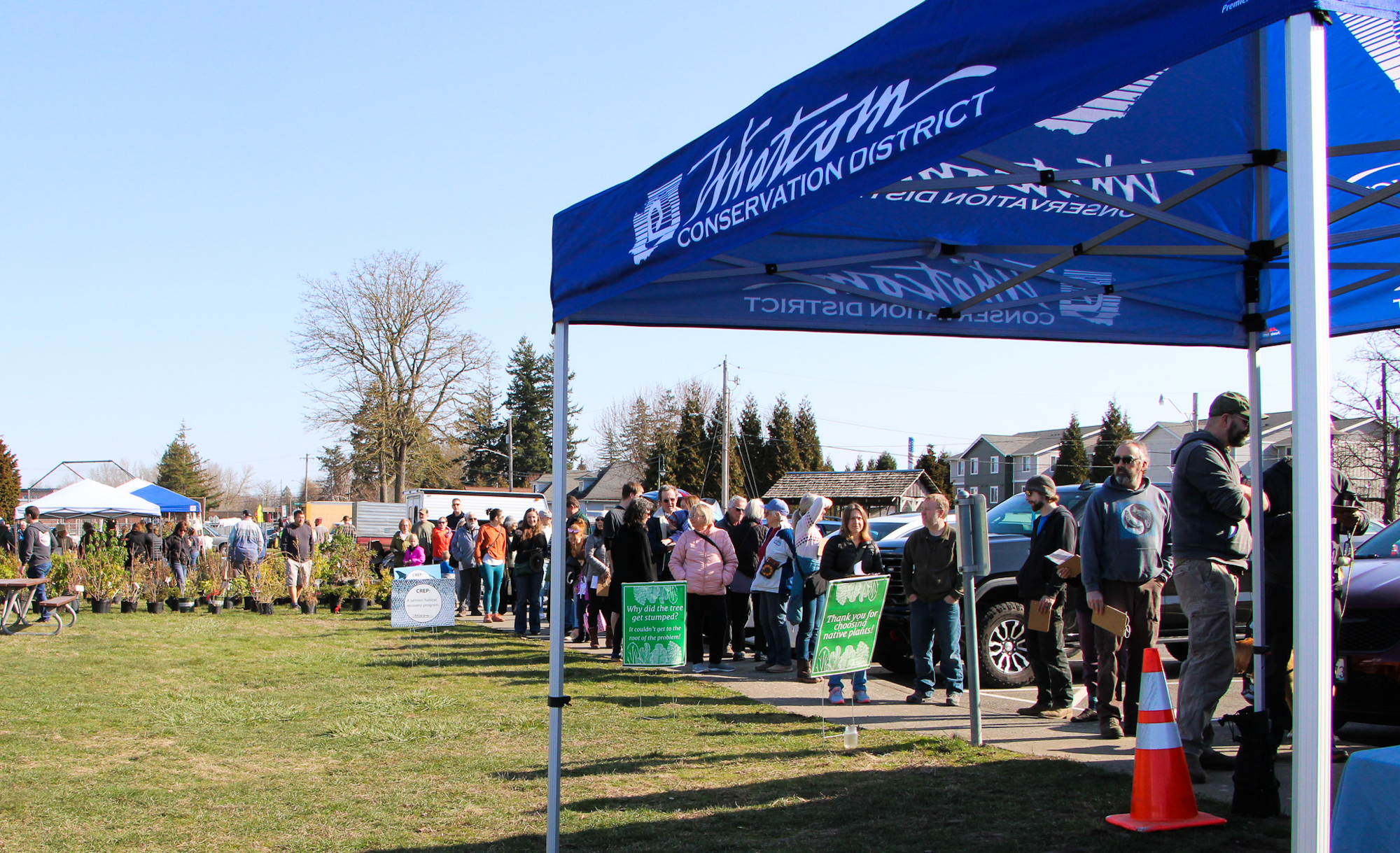 People are gathered under a "Whatcom Conservation District" tent at an outdoor event with potted plants and signs.