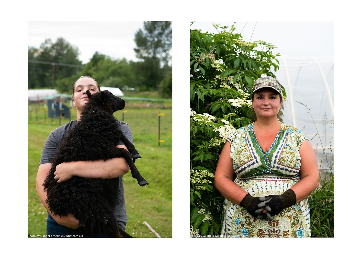 Two people: one holding a black sheep, another standing by plants, both in outdoor settings.