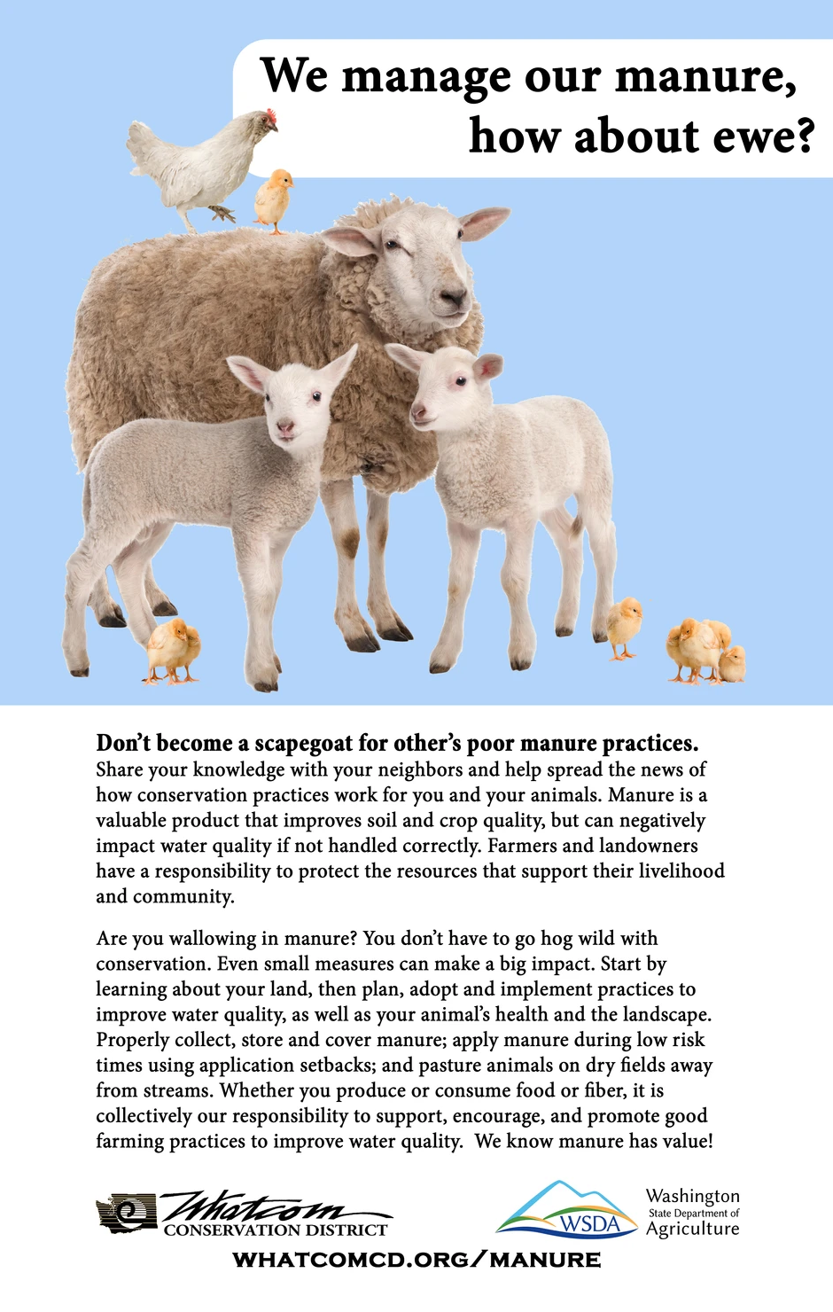 Sheep, a chicken, and chicks with text about managing manure practices effectively. Conservation tips are shared.
