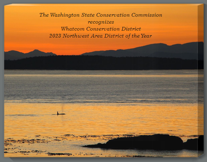 Sunset over water with a kayak. Text recognizes Whatcom Conservation District as 2023 Northwest Area District of the Year.