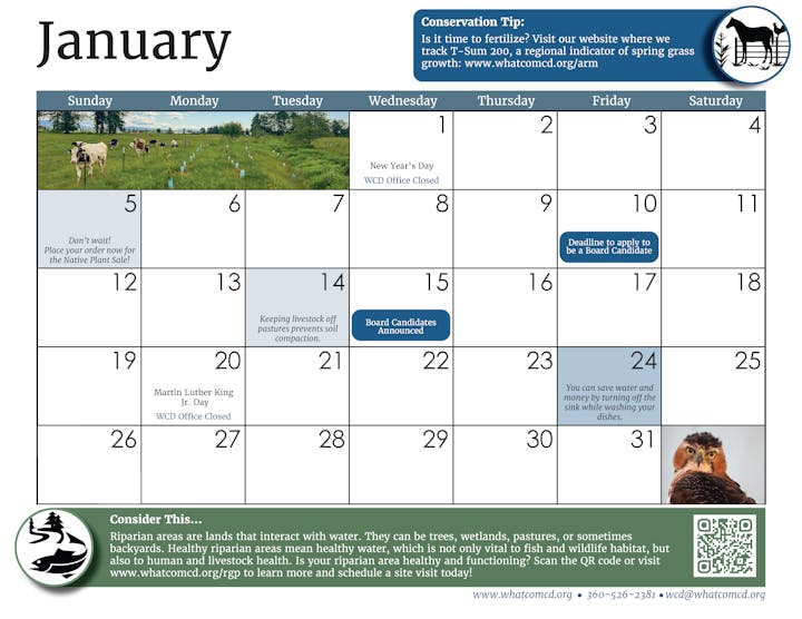 Calendar for January with conservation tips, event reminders, and a focus on riparian areas.
