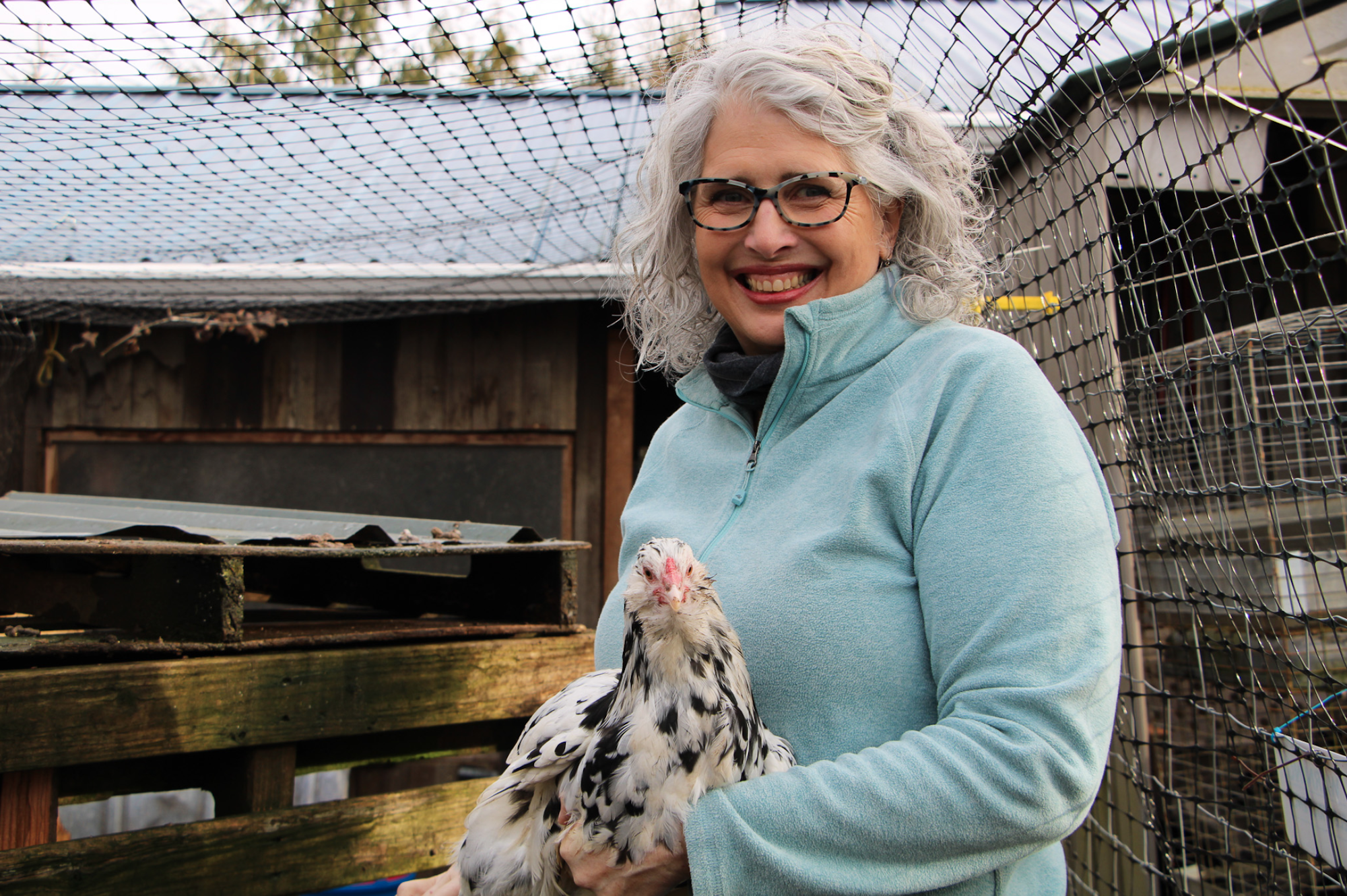 A person wearing glasses and a light blue jacket, holding a speckled chicken in an outdoor enclosure.