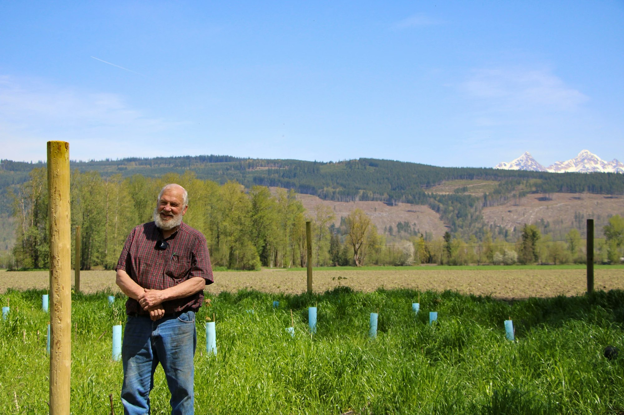 A person standing in a grassy field with mountains and trees in the background.