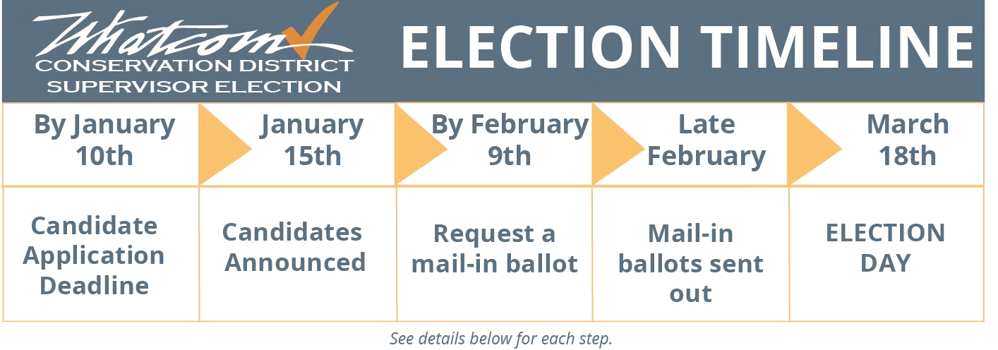Whatcom Conservation District Supervisor Election timeline with key dates for applications, announcements, and mail-in ballots.