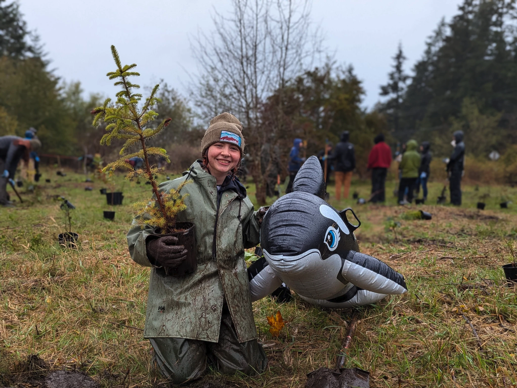 Person planting a tree while holding a small inflatable whale, surrounded by others in a grassy area.