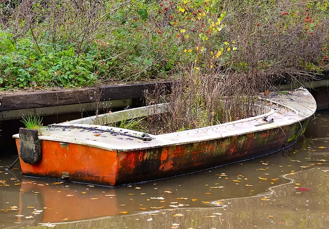 An abandoned, overgrown boat filled with vegetation, moored in murky water by a wooden dock.
