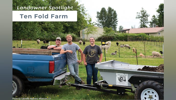 Three people with a blue truck and a farm trailer, sheep and alpacas in the background, "Ten Fold Farm" text above.