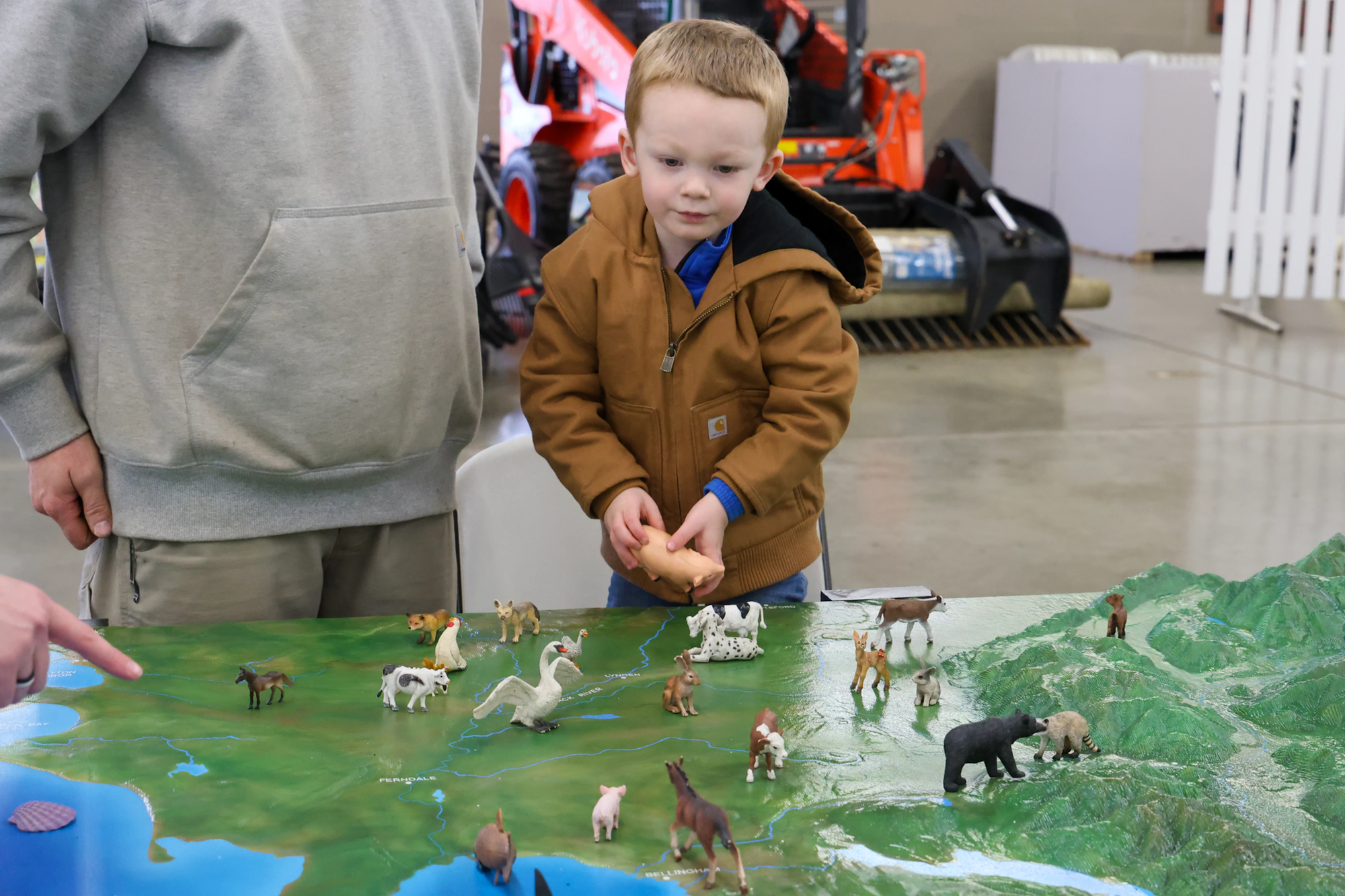 A young boy in a brown jacket looks at toy animals on a 3D map, with a person pointing at them.