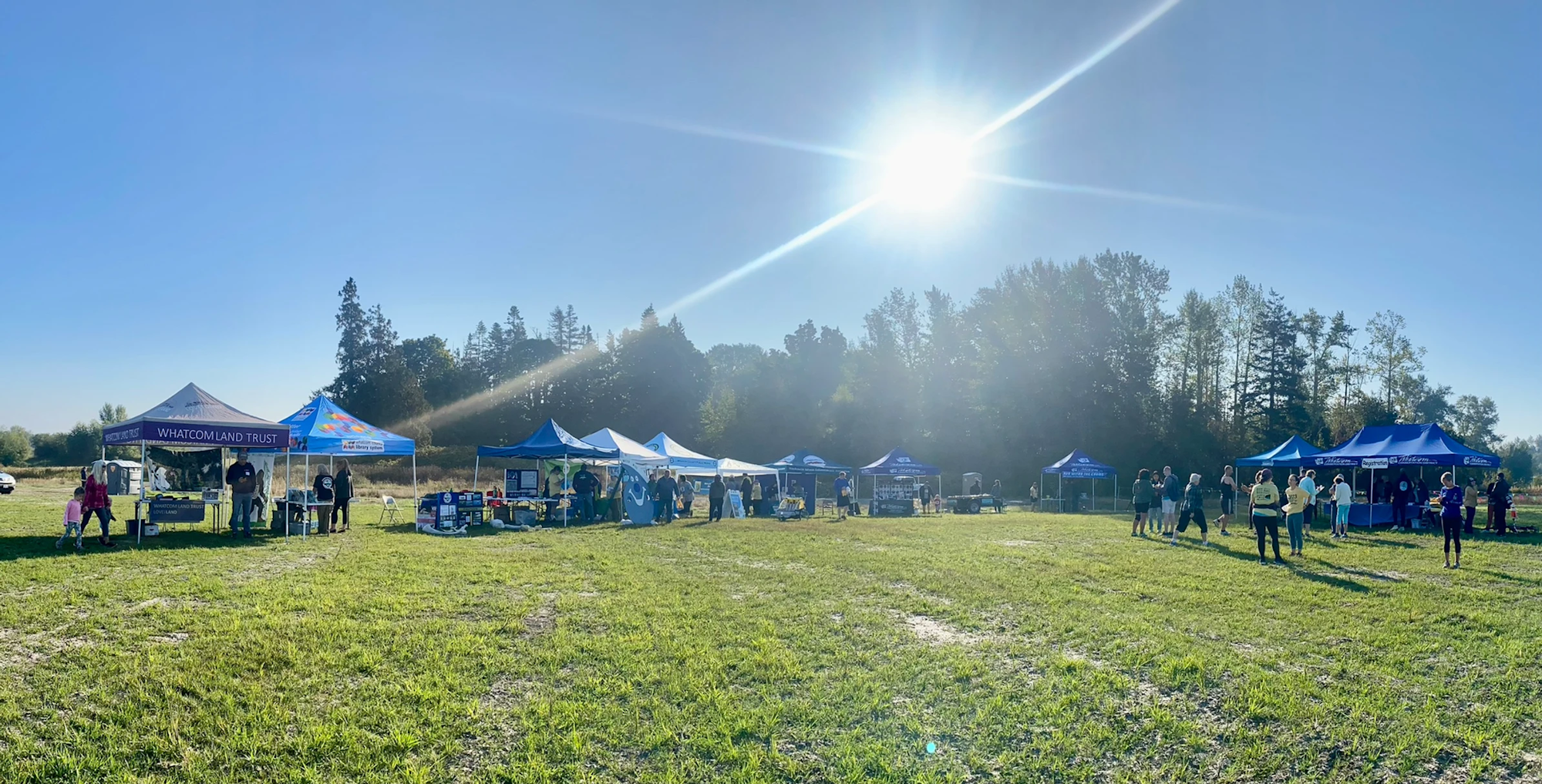 Outdoor event with tents, people, and a bright sun over a grassy area.