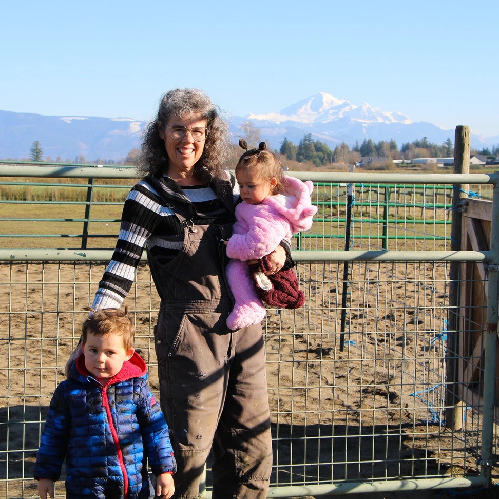 A woman stands at a farm gate with two children, one held in her arms. Snowy mountains are visible in the distant background.