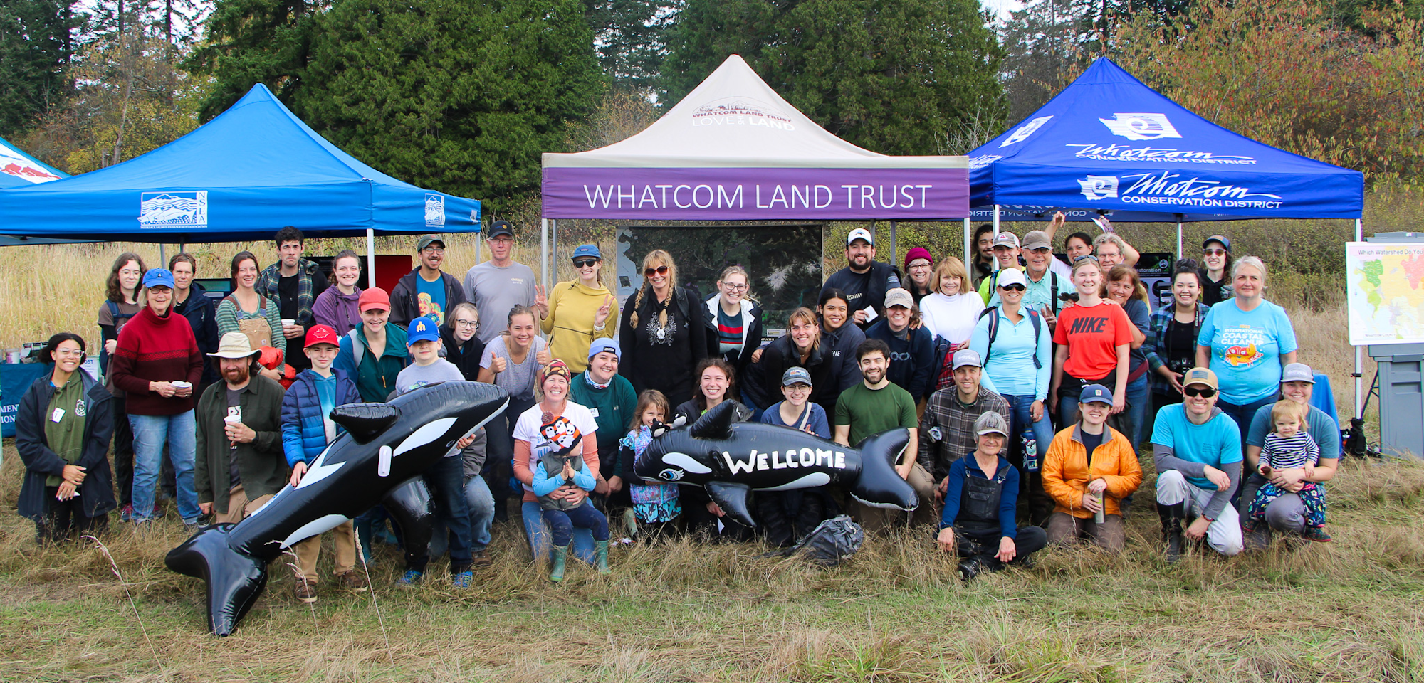 A group of people posing with inflatable orcas at a Whatcom Land Trust event.