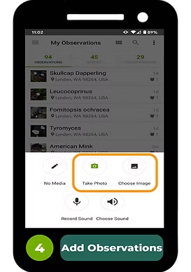 A smartphone screen showing an app interface for adding observations with options to take a photo, choose an image, and record sound.