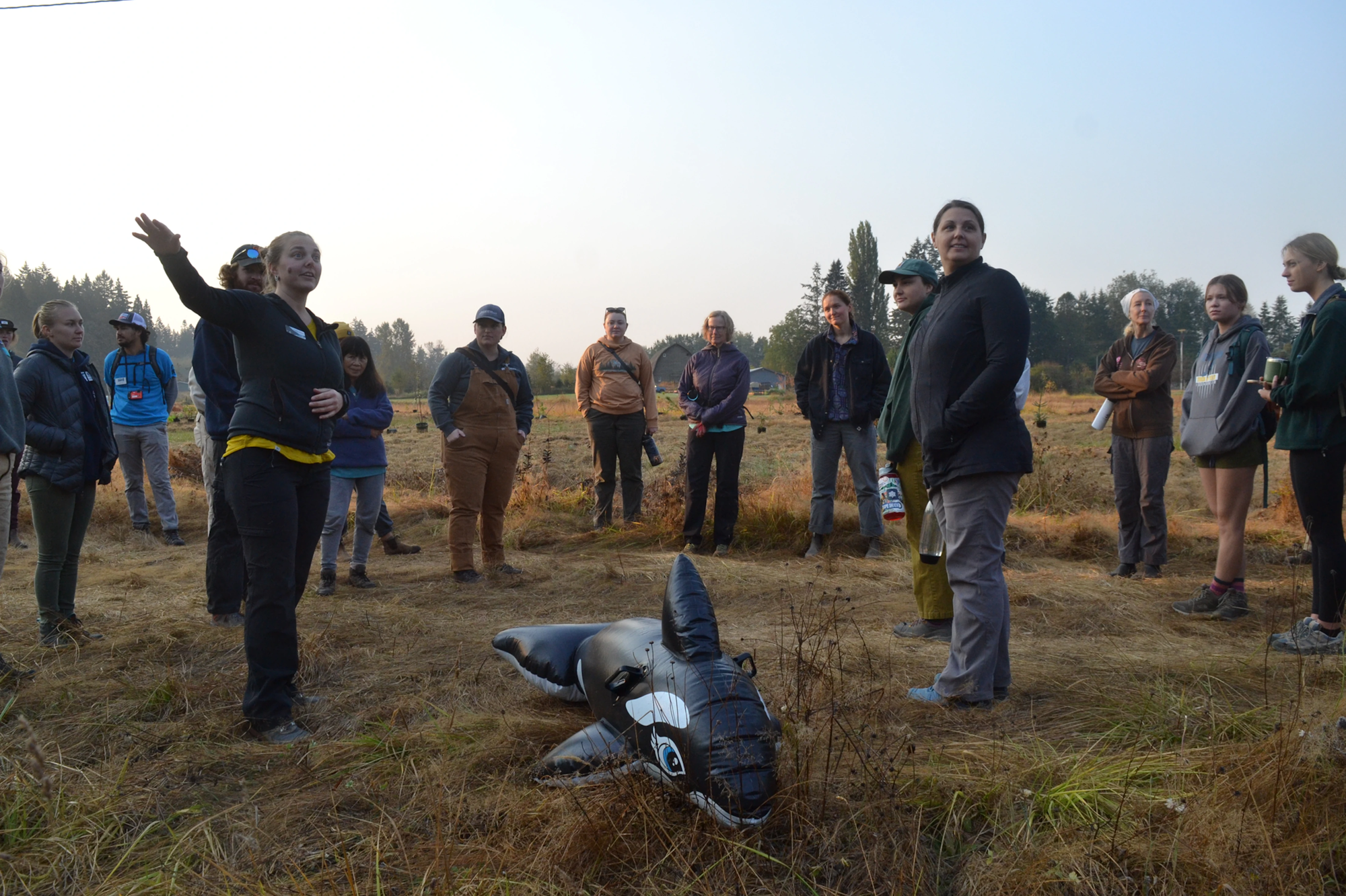 A group of people stand in a field with an inflatable orca on the ground.