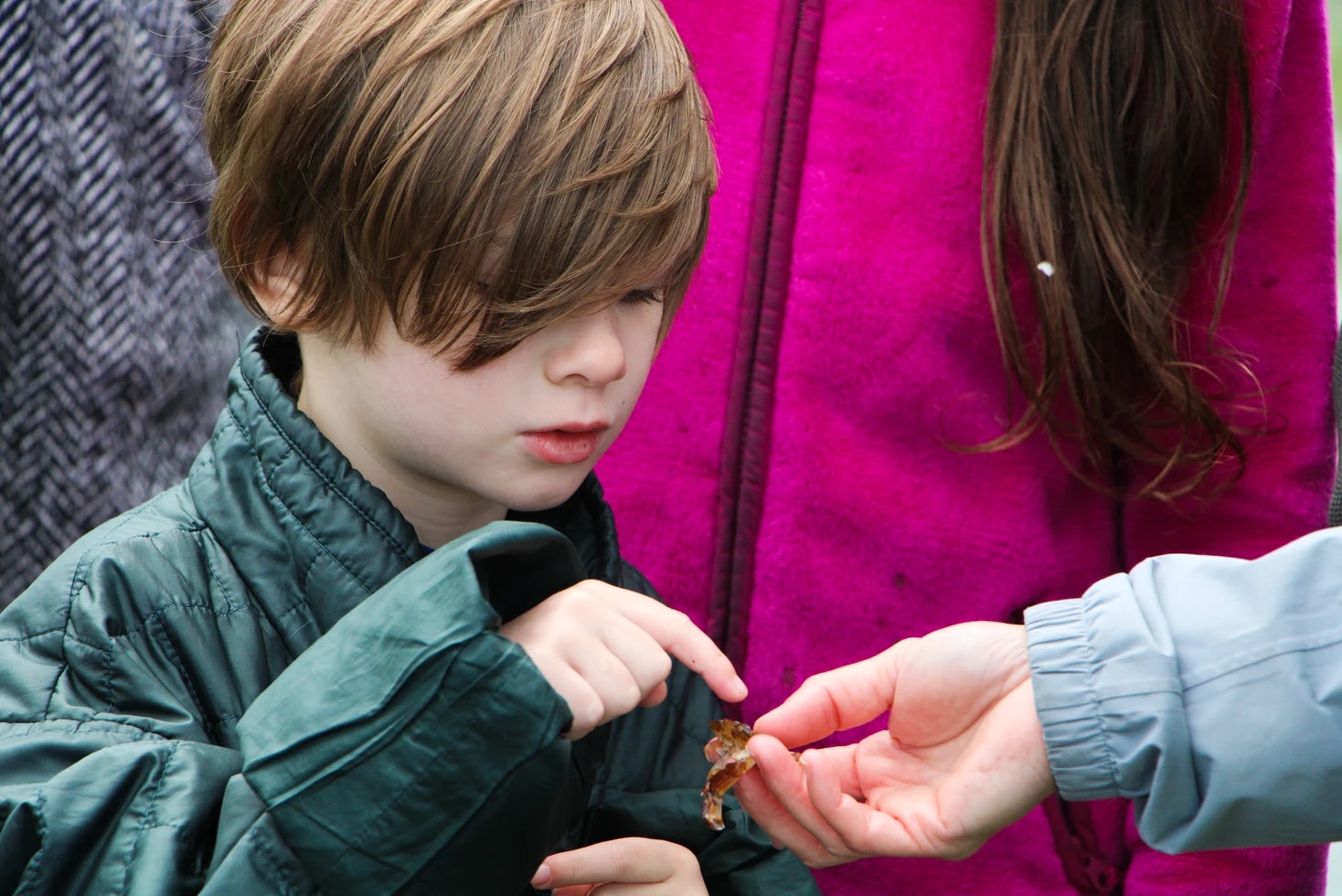 A child in a green jacket examines something small being held by another person.