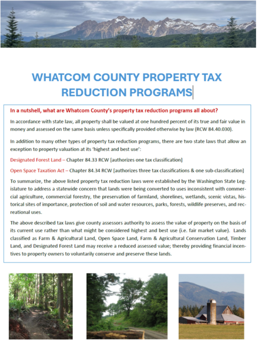 Whatcom County property tax reduction programs details and benefits for land conservation and assessment based on use.