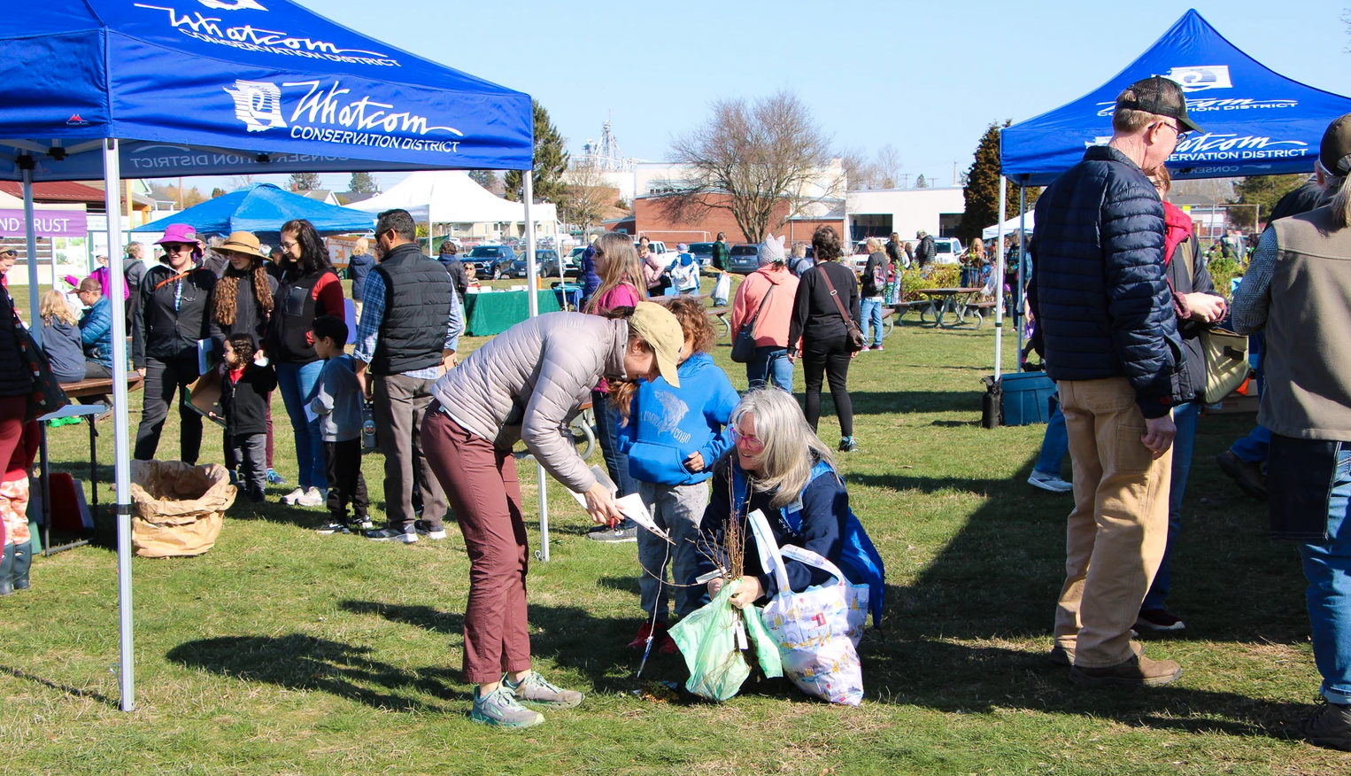 People gathered at an outdoor community event under blue tents, interacting and participating in activities.
