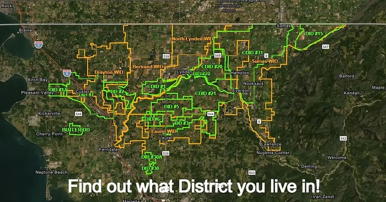 A map showing various districts in Whatcom County, labeled with orange and green lines. Text reads, "Find out what District you live in!"