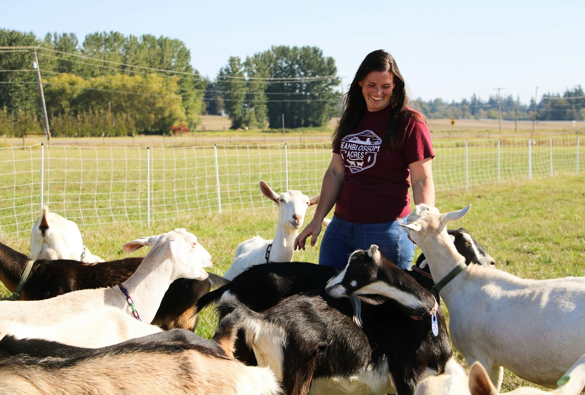 A person smiling among a group of goats in a grassy field.