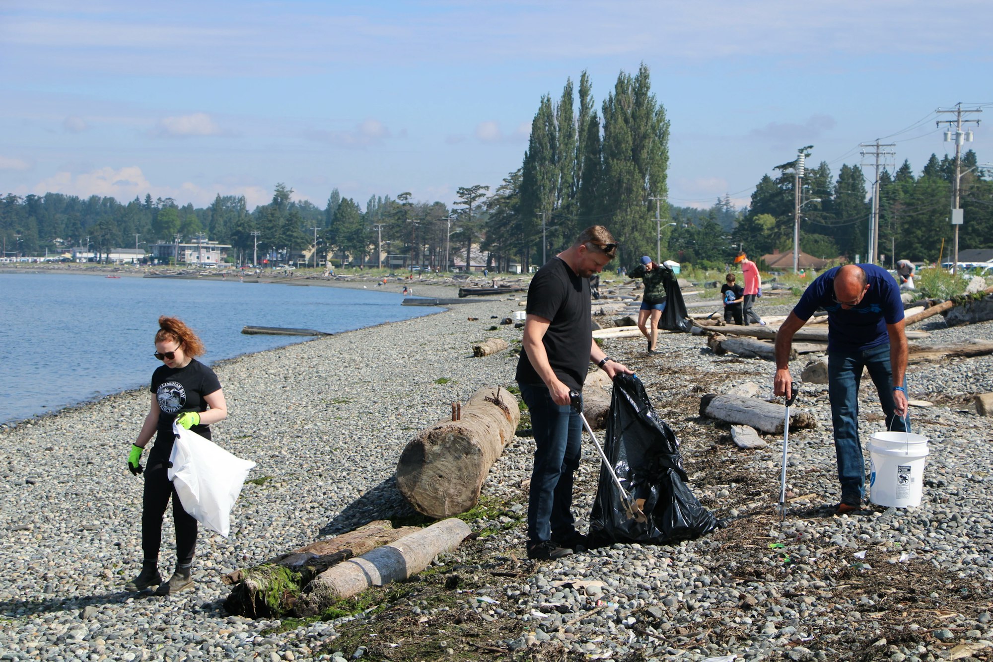 People cleaning a rocky beach, collecting litter with bags and pickers.