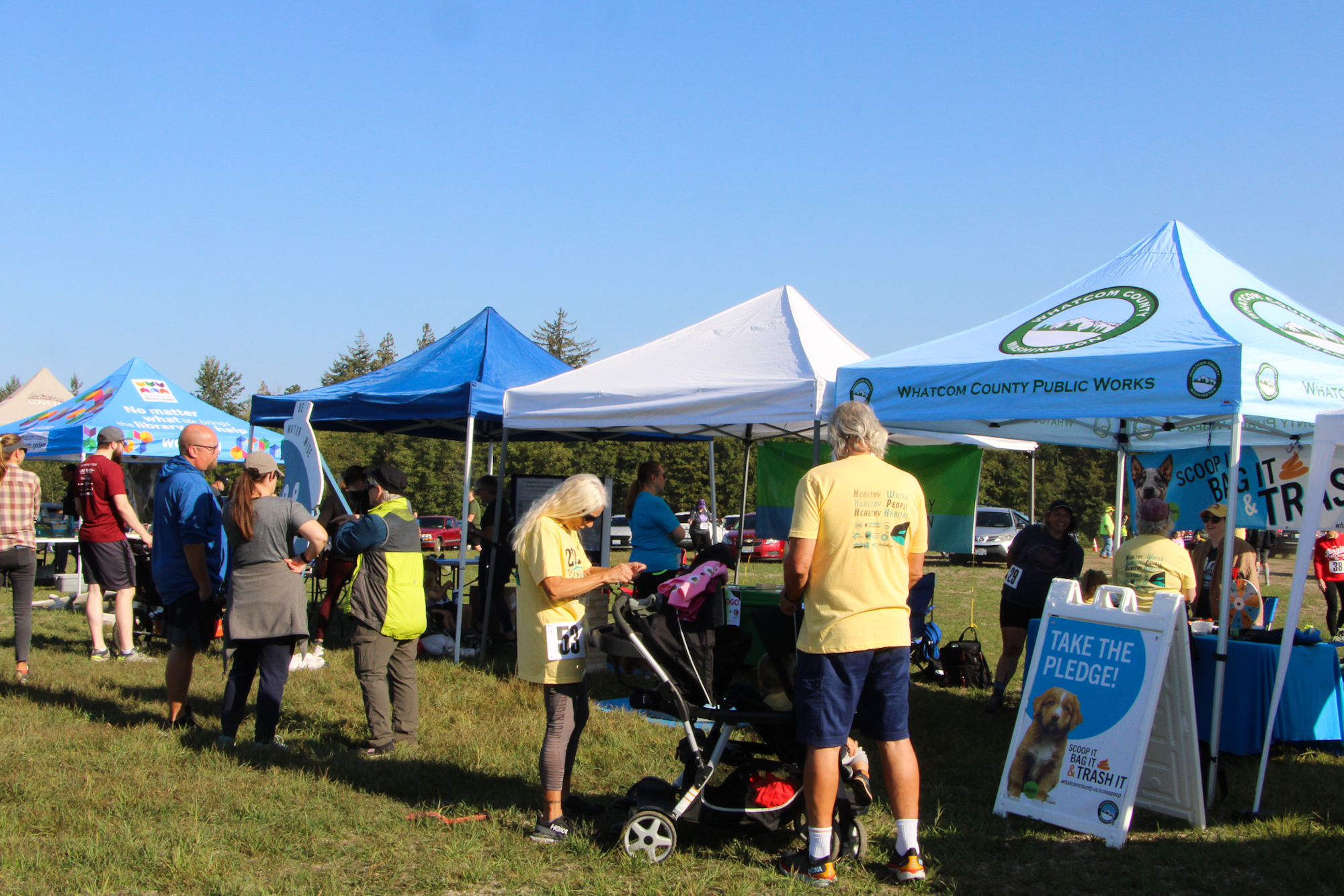 Outdoor event with people visiting booths under tents, including one for "Whatcom County Public Works."