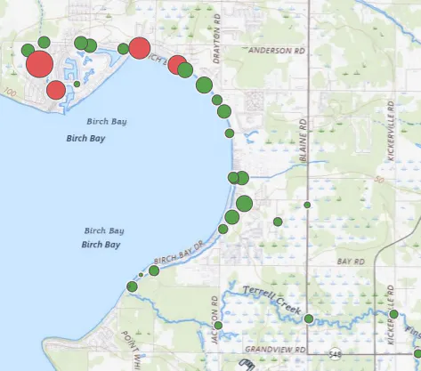 The image shows a map of Birch Bay with marked locations, using green and red dots to indicate different points of interest or status.
