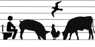 Silhouette of a person on a toilet, a pig, a rooster, a cow, and a bird above, all in a bar-like lineup arrangement.