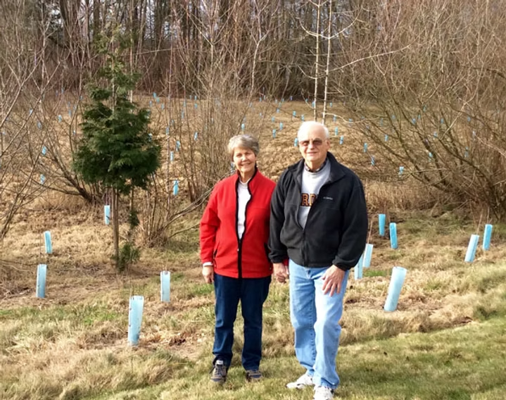 Two people standing in a field with many young tree saplings protected by blue tubes.