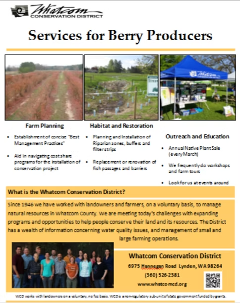 Whatcom Conservation District flyer for berry producers, includes farm planning, habitat restoration, and outreach programs.