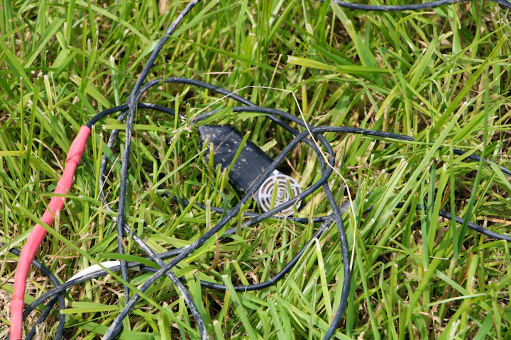The image shows tangled electrical wires, including a red wire, on green grass. There appears to be a small black device among the wires.