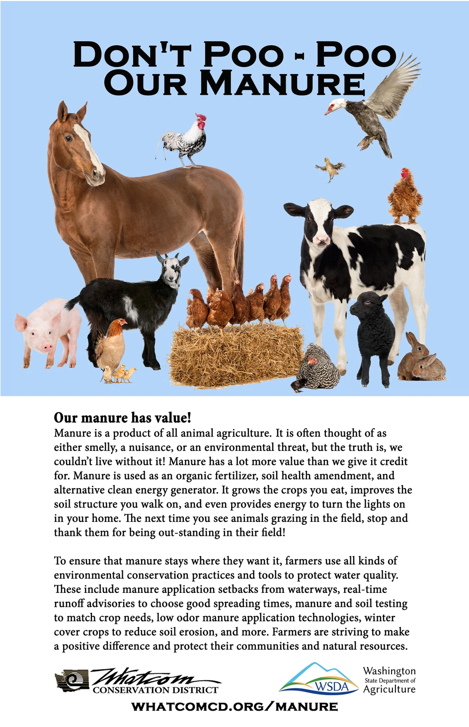 Animals and text promoting manure's value as fertilizer and energy, with conservation practices highlighted.