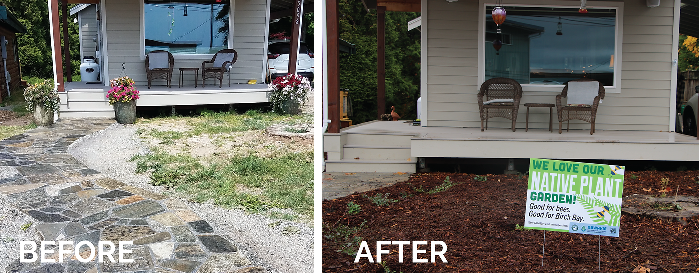 Before and after of a porch garden transformation with a sign supporting native plants.