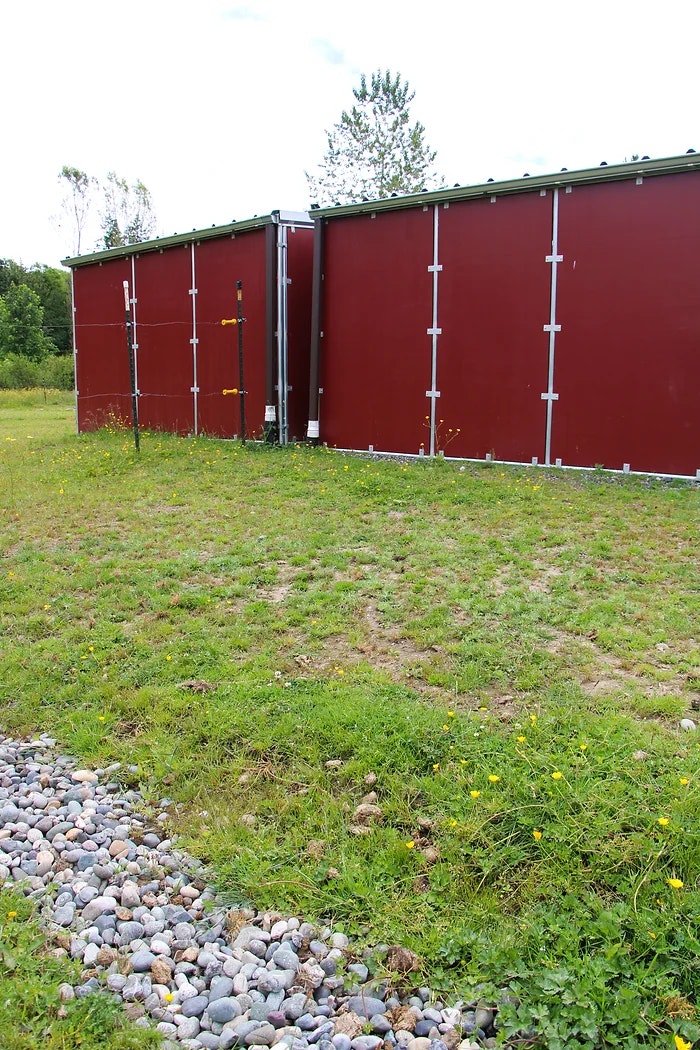 A red container-like structure with greenery and pebbles in the foreground.