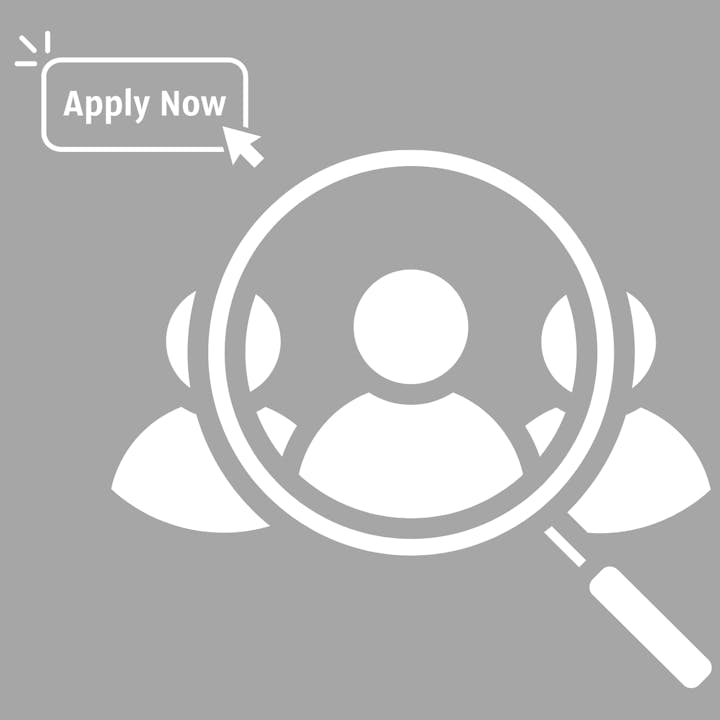 Magnifying glass over a group icon with "Apply Now" button.