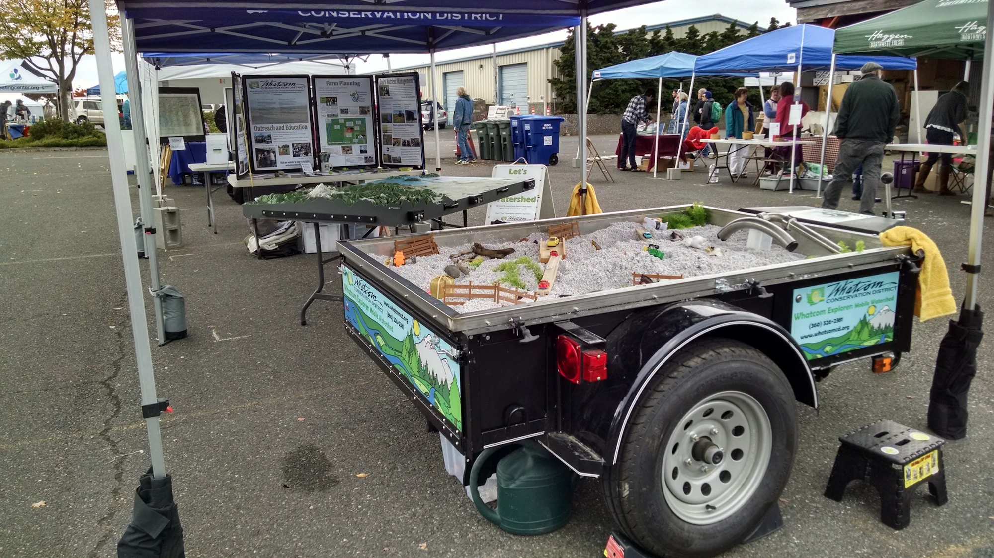 Outdoor fair with information booths, including a model watershed display by the Whatcom Conservation District under tents.