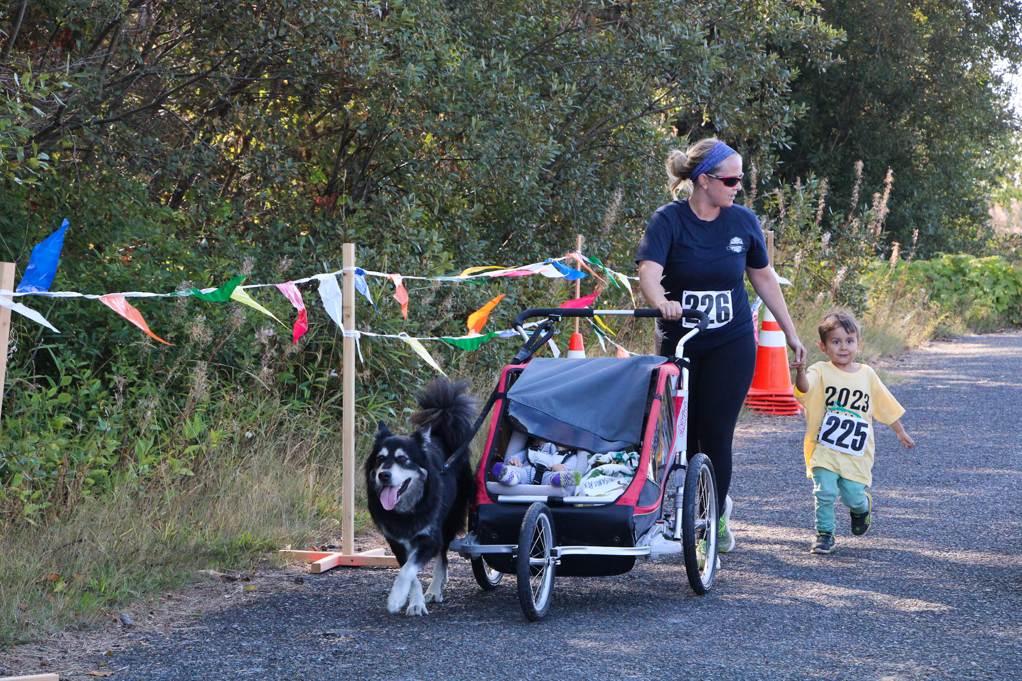 A dog, woman, and child running in a race, with a stroller and colorful flags.