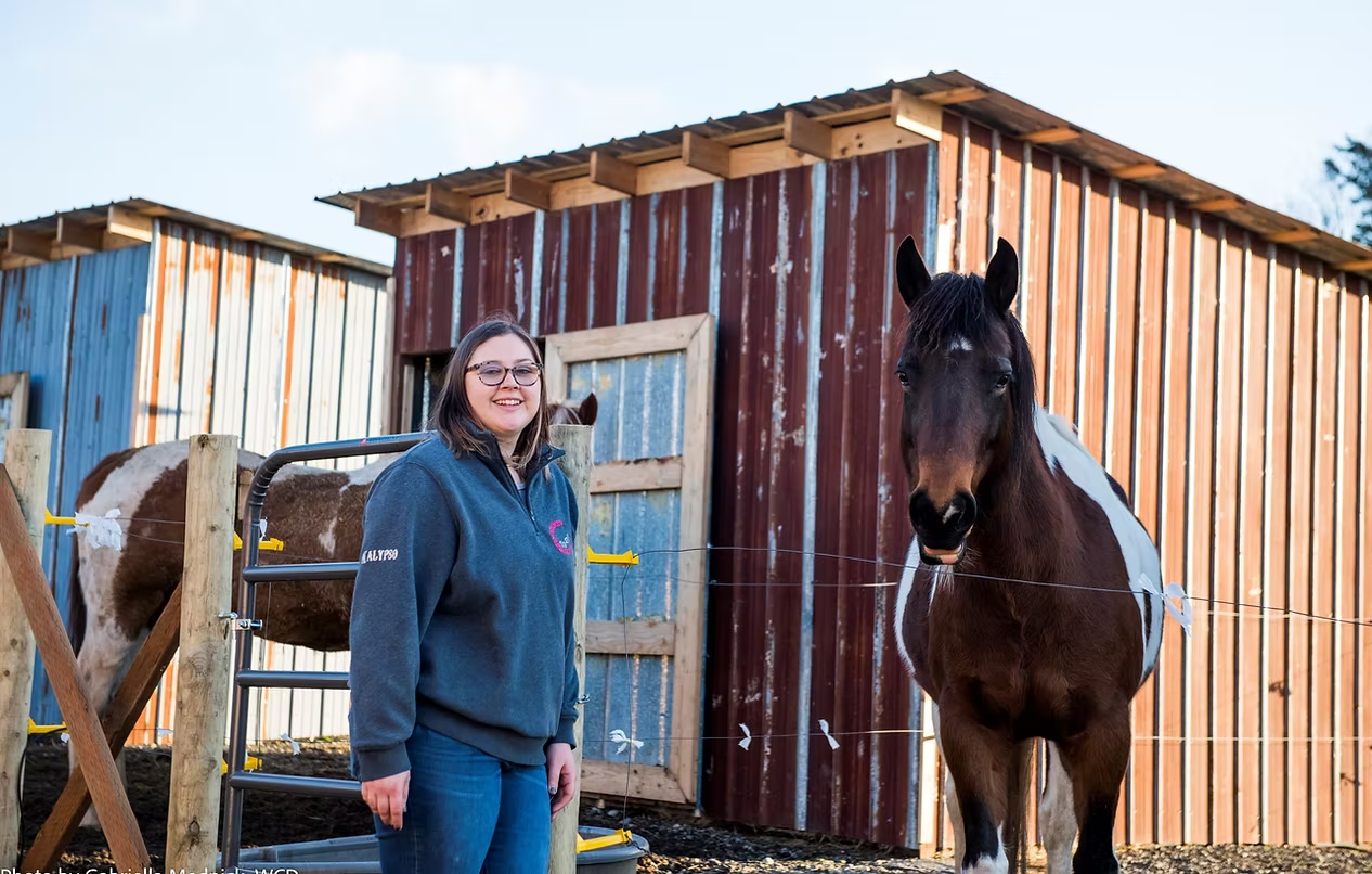 A woman stands beside a brown and white horse in front of a barn.